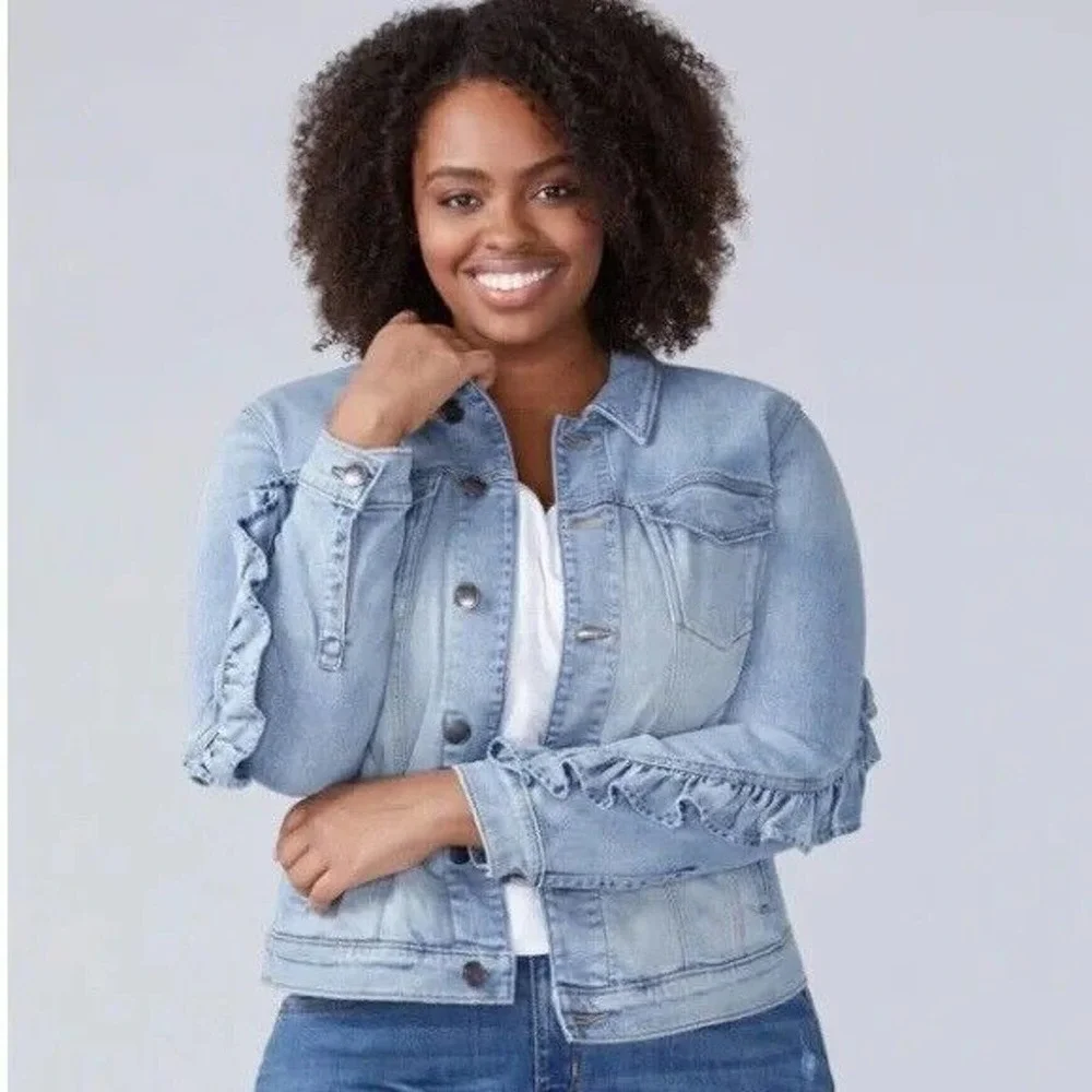 Lane Bryant Ruffled Denim Jean Jacket Blue Light Wash Womens Plus Size 24 H14229 - Picture 1 of 8